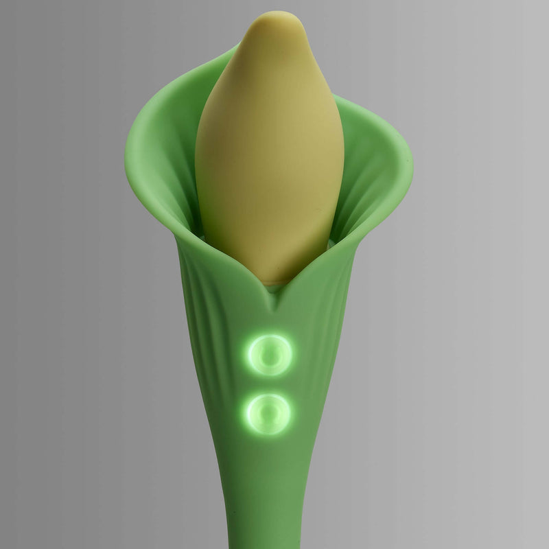 Cloud 9 Spathe Lily Vibe – Dual Motor Vibrator in Green with unique fluttering stimulator and two-tone design.