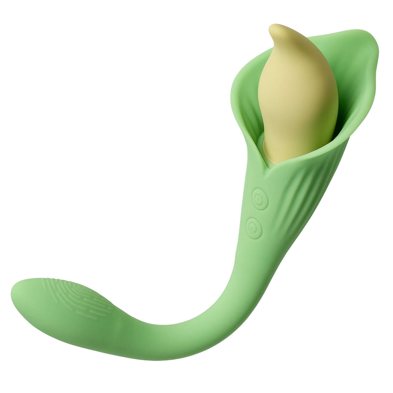 Cloud 9 Spathe Lily Vibe in green, dual motor vibrator with flower-inspired fluttering stimulator for ultimate internal and external bliss.