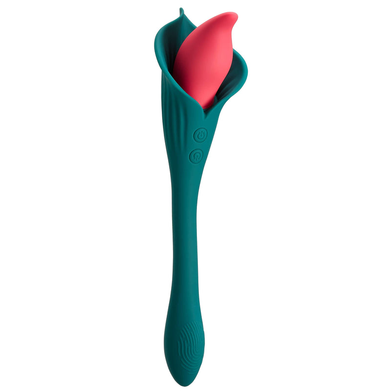 Cloud 9 Spathe Lily Vibe in Two-Tone Green-Blue, dual motor vibrator with fluttering stimulator, inspired by Spathiphyllum flower.