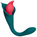Dual motor green and red flexible vibrator with fluttering stimulator inspired by Spathiphyllum flower design.