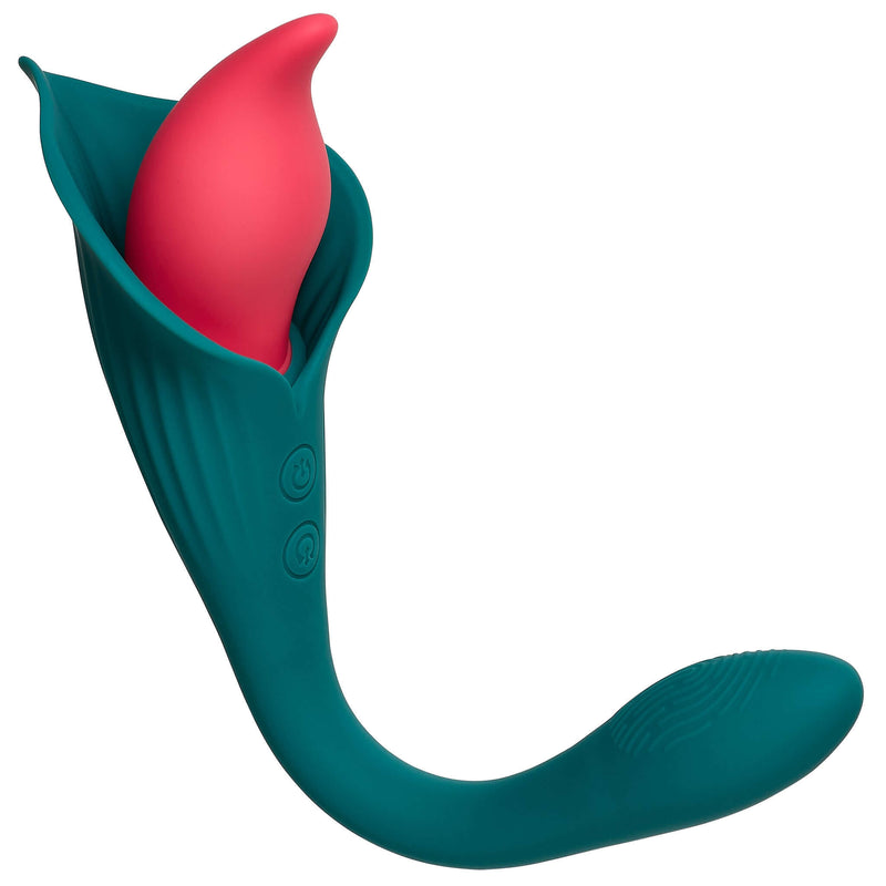 Dual motor green and red flexible vibrator with fluttering stimulator inspired by Spathiphyllum flower design.