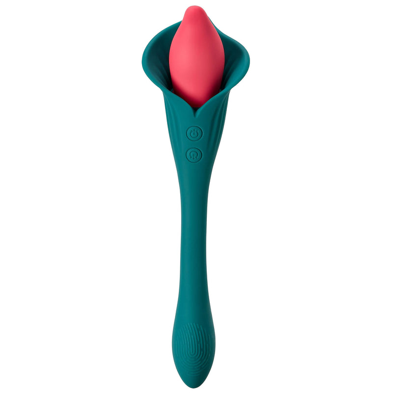 Cloud 9 Spathe Lily Vibe in two-tone green-blue with pink tip, featuring dual motors and fluttering stimulator design.