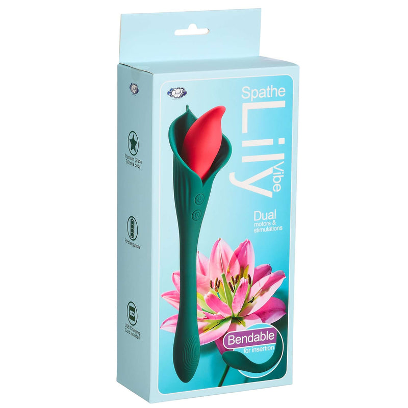 Cloud 9 Spathe Lily Vibe in packaging, featuring a two-tone green-blue design with dual motors and a fluttering stimulator.