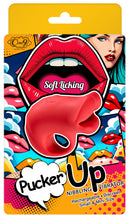 Pucker Up Nibbling Soft Licking Vibrator packaging featuring vibrant colors and playful design.