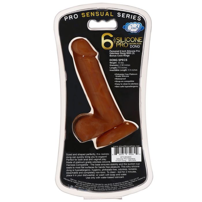 PRO SENSUAL PREMIUM SILICONE DONG W/ 3 C RINGS BROWN 6 "-1
