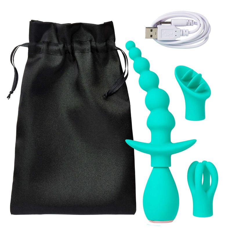 Cloud 9 teal massager kit with attachments and USB charger in black storage pouch.