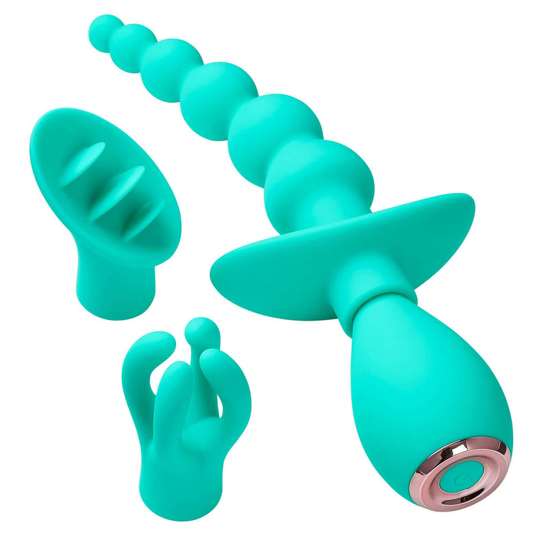 Cloud 9 Health and Wellness teal anal, clitoral, and nipple massager kit with three silicone attachments.