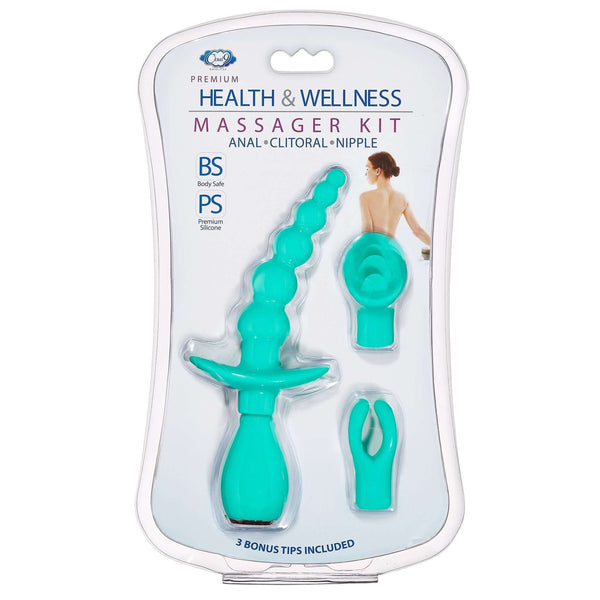 Cloud 9 Health and Wellness anal, clitoral and nipple massager kit in teal, showcasing 3 bonus attachment tips.