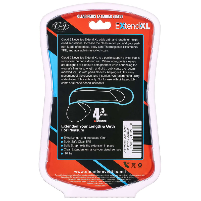 Packaging of Cloud 9 Extend XL Penis Sleeve, 4.5" extender for added length and girth, made from clear TPE material.