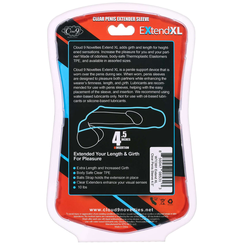 Cloud 9 Extend XL Penis Sleeve packaging for added length and girth, featuring body-safe TPE material description.