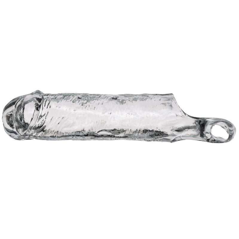 Clear Cloud 9 Penis Sleeve 4.5" for added length and girth, made from body-safe TPE, shown in side view.