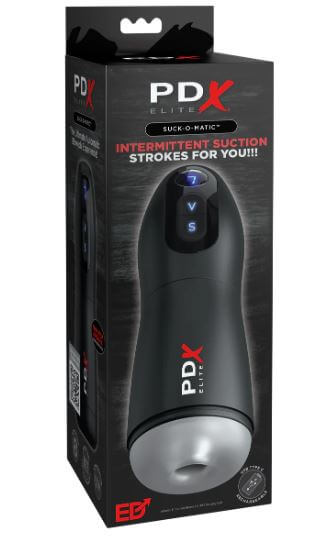 PDX ELITE SUCK-O-MATIC - Clear/Black in packaging, showcases intermittent suction and vibration features for ultimate pleasure.