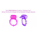 Hearts Aflame Erotic Lovers Bath Bomb mystery toy options: Humm-Dinger and Nubbie Tongue vibrator.