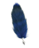Pink Elephant Fox Tail Small Stainless Steel Butt Plug Blue with long faux fur tail and polished metal plug.