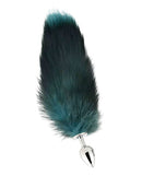 Fox Tail Large Stainless Steel Butt Plug Teal with a striking teal faux-fur tail for animal roleplay.