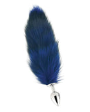 Fox Tail Large Stainless Steel Butt Plug Blue with a faux fur tail for playful luxury in roleplay scenarios.