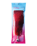 Pink Elephant Fox Tail Large Stainless Steel Butt Plug Red in packaging showcasing vivid red faux fur tail.