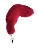 Fox Tail Large Butt Plug Cherry Red with a polished stainless steel base and a long faux fur tail.