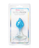 Pinkelephant Luxe Prism Small Butt Plug Blue packaging showcasing its bright blue crystal design and platinum silicone base.