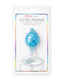 Pinkelephant Luxe Prism Medium Butt Plug Blue in packaging, showcasing the unique glass and silicone design.