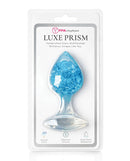 Pinkelephant Luxe Prism Large Butt Plug Blue packaged, showcasing handcrafted glass and platinum silicone design.