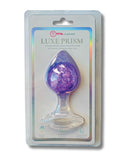 Pinkelephant Luxe Prism Large Butt Plug Light Purple in packaging, showcasing handcrafted glass and platinum silicone design.