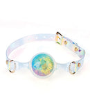Luxe Prism Large Ball Gag Rainbow features a crystal glass ball with a soft platinum silicone strap, showcasing a vivid rainbow effect.