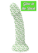 Glow-in-the-dark silicone dong with weed print and suction cup base.