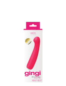 VeDo Gingi Rechargeable Silicone G-Spot Vibrator Pink in packaging with ergonomic design for targeted stimulation.