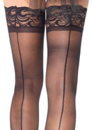 Leg Avenue Stay Up Sheer Thigh Highs Black One Size with lace top and backseam detail.