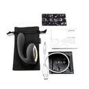 Lelo Tara Rotating Couples Vibrator Black with charging cable, user manual, and accessories.