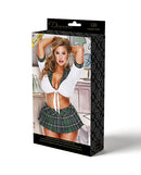 Dreams by Baci Teacher's Pet Lingerie Set Green White Queen packaging featuring a model in a schoolgirl outfit.