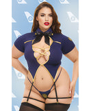 Dreams by Baci First Class Fantasy Lingerie Set Navy Queen showcasing a fitted navy bodysuit with gold trim and bold cutouts.