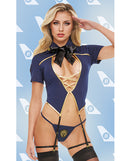 Dreams by Baci First Class Fantasy 4 Piece Lingerie Set Navy showcasing a model in a navy and gold bodysuit.