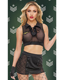 Dreams by Baci Sergeant Seduction Lingerie Set Black featuring a sheer cropped top and fishnet-paneled skirt.
