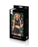 Dreams by Baci Sergeant Seduction Lingerie Set Black packaging featuring a sheer cropped top and fishnet mini skirt.