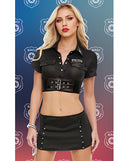 Dreams by Baci Lingerie Badge of Desire 4 Piece Set Black worn by a model, showcasing a cropped police uniform top and mini skirt.