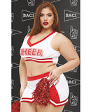 Dreams by Baci Gameday Hottie 4 Piece Set White Red Queen featuring cheerleader crop top and skirt with pom-poms.