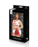 Dreams by Baci Gameday Hottie 4 Piece Set White Red Queen packaging featuring a model in a cheer-inspired outfit.