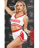 Dreams by Baci Gameday Hottie 4 Piece Lingerie Set White Red model showcasing cheer outfit with pom-poms.