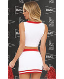 Dreams by Baci Gameday Hottie 4 Piece Lingerie Set White Red model showcasing sporty look with crop top and mini skirt.