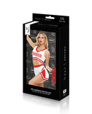 Dreams by Baci Gameday Hottie 4 Piece Lingerie Set White Red packaging showing a model in a cheerleader outfit