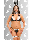 Dreams by Baci Hop & Tease Bunny 5 Piece Lingerie Set Queen on model showcasing playful bunny design in black and white.