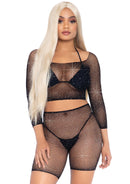 2 Pc Rhinestone Fishnet Crop Top and Biker Shorts Black set featuring sparkling rhinestones and sheer fishnet texture.