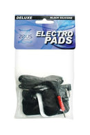 Zeus Electrosex Black Adhesive Silicone Pads Pair packaged with black silicone pads and connecting cables for electro-stimulation.