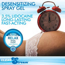 Clean Stream Relax Desensitizing Anal Lube 4 Oz with clock indicating fast action and long-lasting relief.