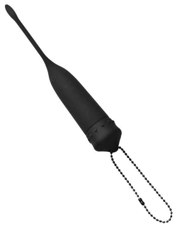Master Series Cadence Vibrating Urethral Sound in sleek black silicone design with a pull chain, perfect for enhanced pleasure.