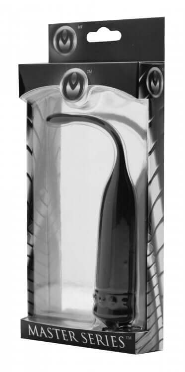 Master Series Cadence Vibrating Silicone Sound in packaging, a sleek black design for intimate play.