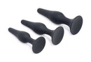 Master Series Triple Spire Tapered Silicone Anal Trainers 3 Pc Set displayed in graduated sizes for comfortable anal training.