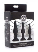 Master Series Triple Spire Tapered Silicone Anal Trainers 3 Pc Set packaging showcasing tapered trainers.
